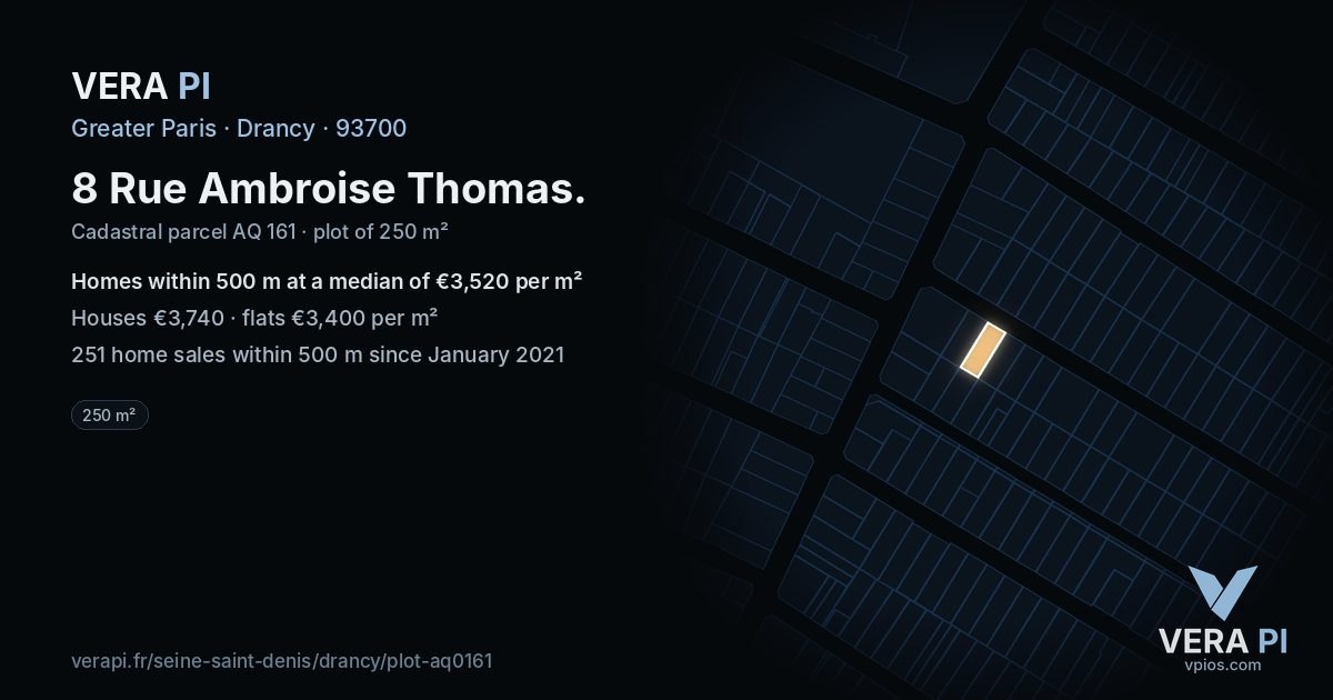8 Rue Ambroise Thomas, Drancy at night – the plot lit, the parcels around coloured by the prices near them