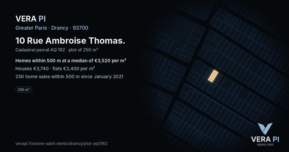 10 Rue Ambroise Thomas, Drancy at night – the plot lit, the parcels around coloured by the prices near them