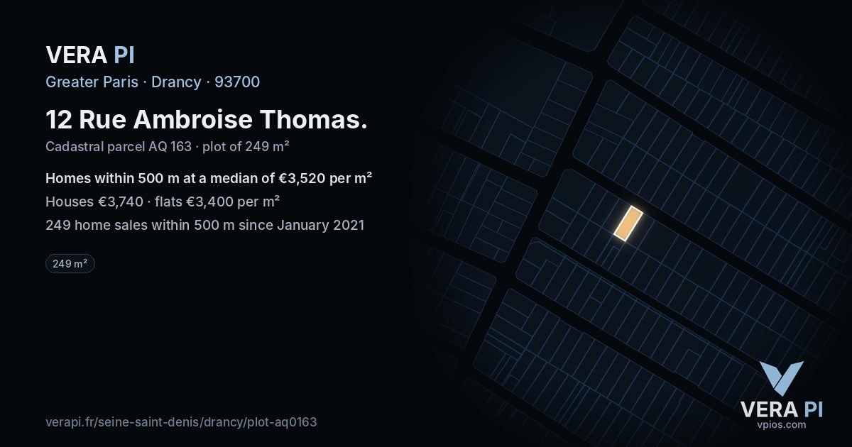 12 Rue Ambroise Thomas, Drancy at night – the plot lit, the parcels around coloured by the prices near them