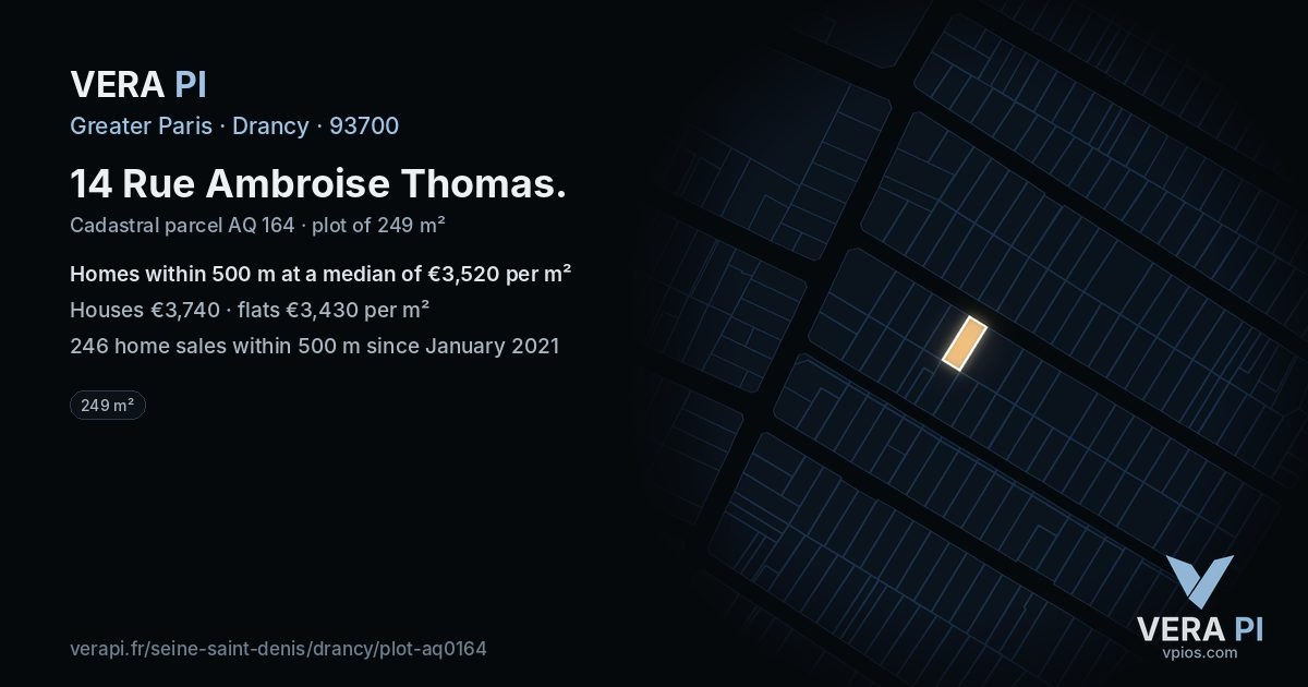 14 Rue Ambroise Thomas, Drancy at night – the plot lit, the parcels around coloured by the prices near them