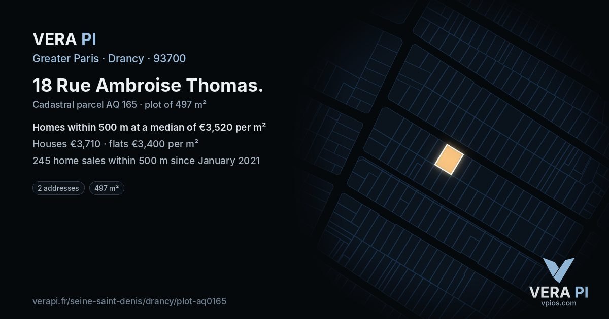 18 Rue Ambroise Thomas, Drancy at night – the plot lit, the parcels around coloured by the prices near them