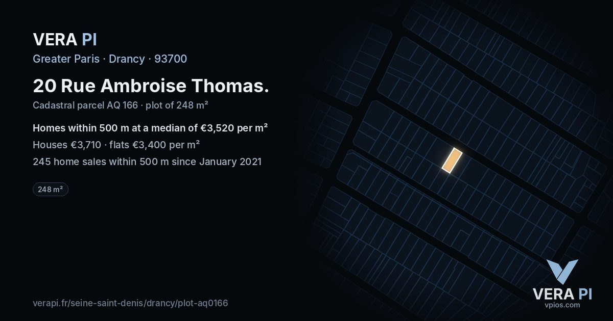 20 Rue Ambroise Thomas, Drancy at night – the plot lit, the parcels around coloured by the prices near them
