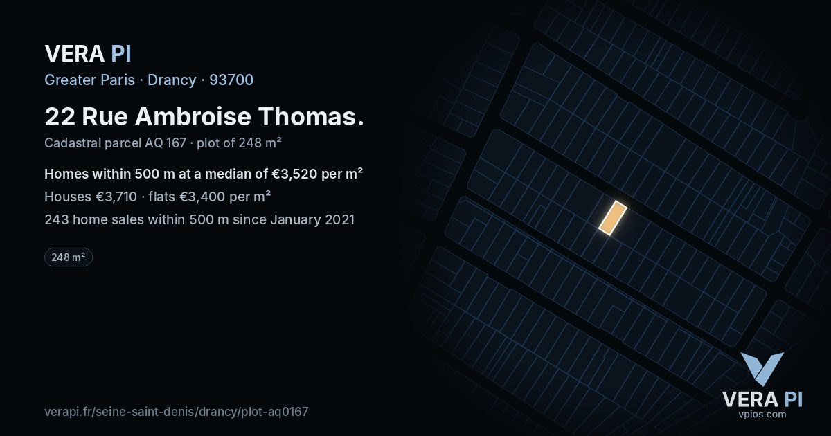 22 Rue Ambroise Thomas, Drancy at night – the plot lit, the parcels around coloured by the prices near them