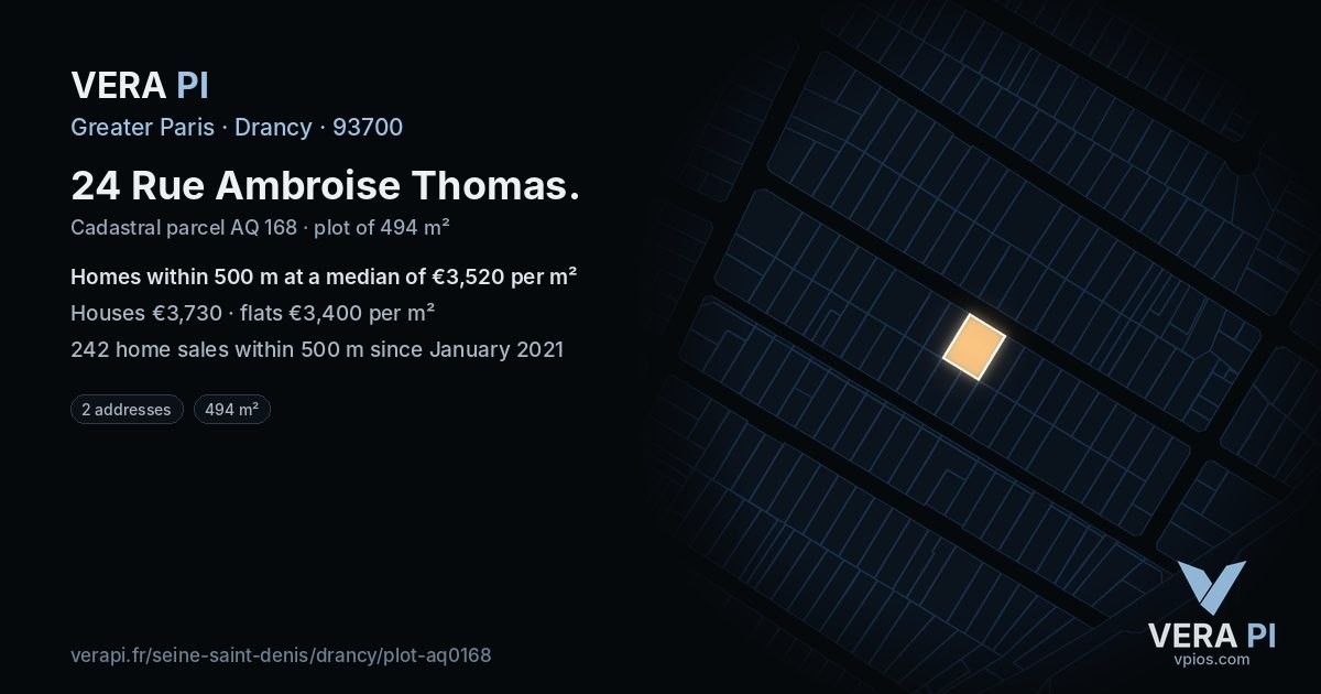 24 Rue Ambroise Thomas, Drancy at night – the plot lit, the parcels around coloured by the prices near them
