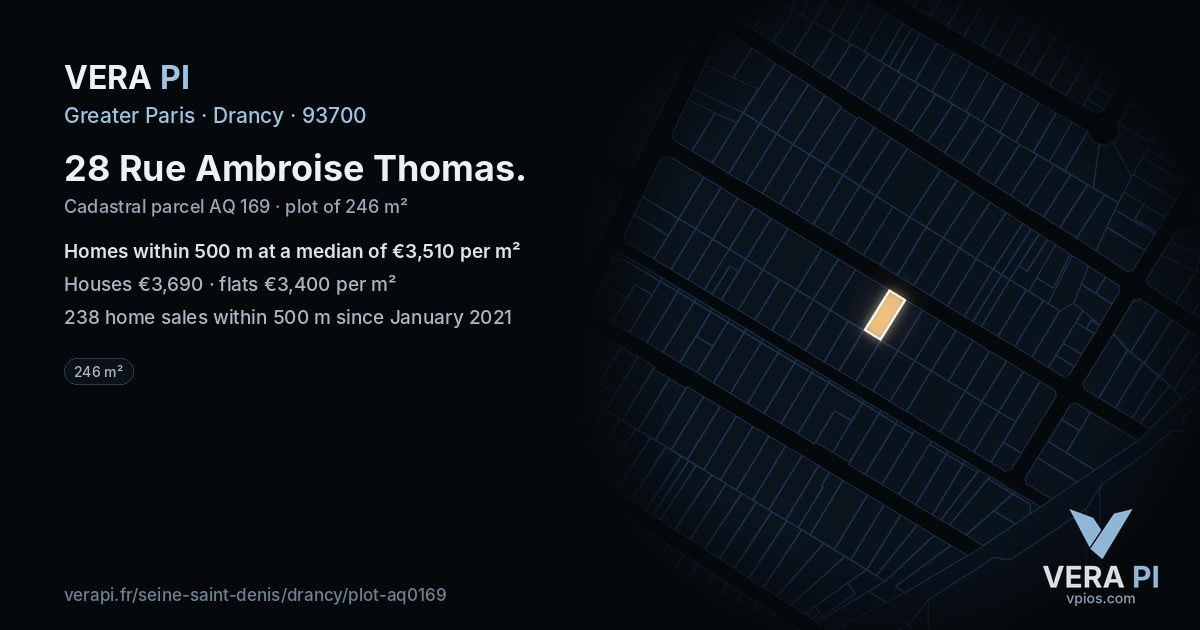 28 Rue Ambroise Thomas, Drancy at night – the plot lit, the parcels around coloured by the prices near them