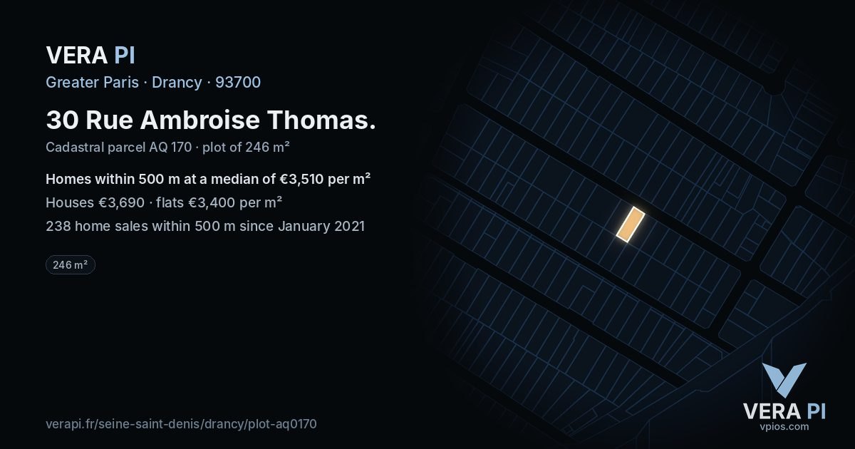 30 Rue Ambroise Thomas, Drancy at night – the plot lit, the parcels around coloured by the prices near them