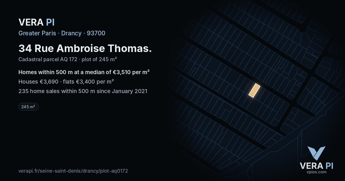34 Rue Ambroise Thomas, Drancy at night – the plot lit, the parcels around coloured by the prices near them