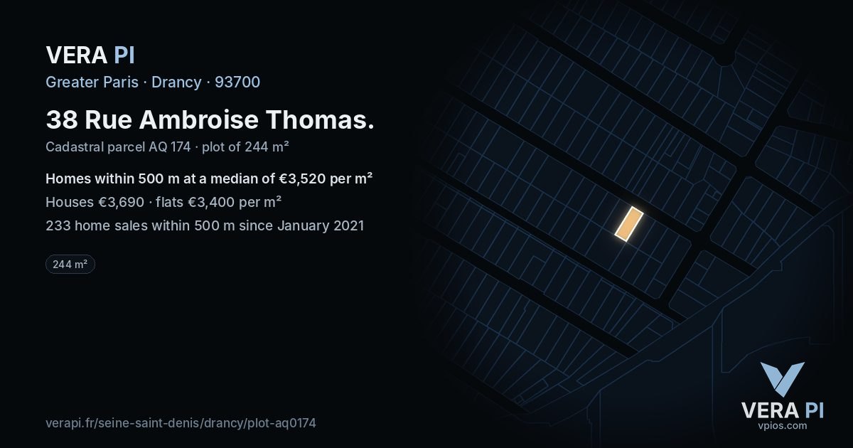 38 Rue Ambroise Thomas, Drancy at night – the plot lit, the parcels around coloured by the prices near them