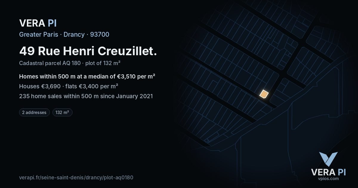 49 Rue Henri Creuzillet, Drancy at night – the plot lit, the parcels around coloured by the prices near them