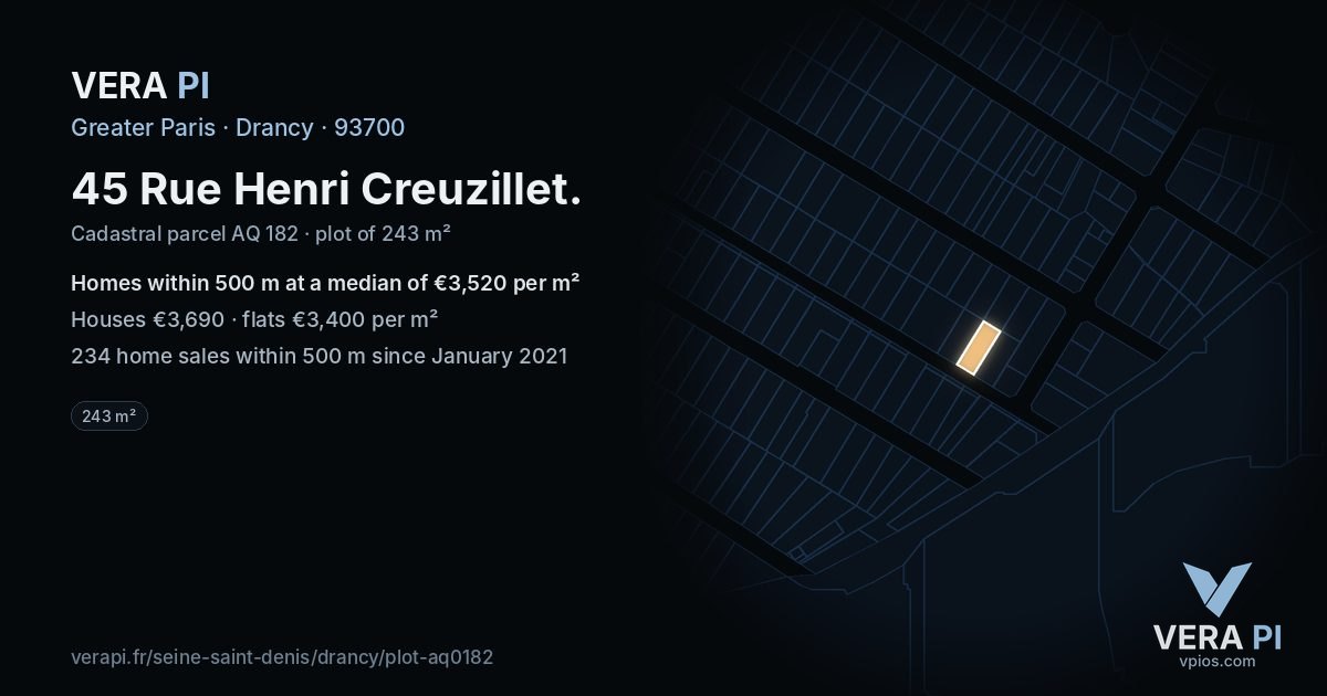 45 Rue Henri Creuzillet, Drancy at night – the plot lit, the parcels around coloured by the prices near them