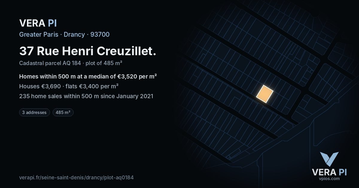 37 Rue Henri Creuzillet, Drancy at night – the plot lit, the parcels around coloured by the prices near them