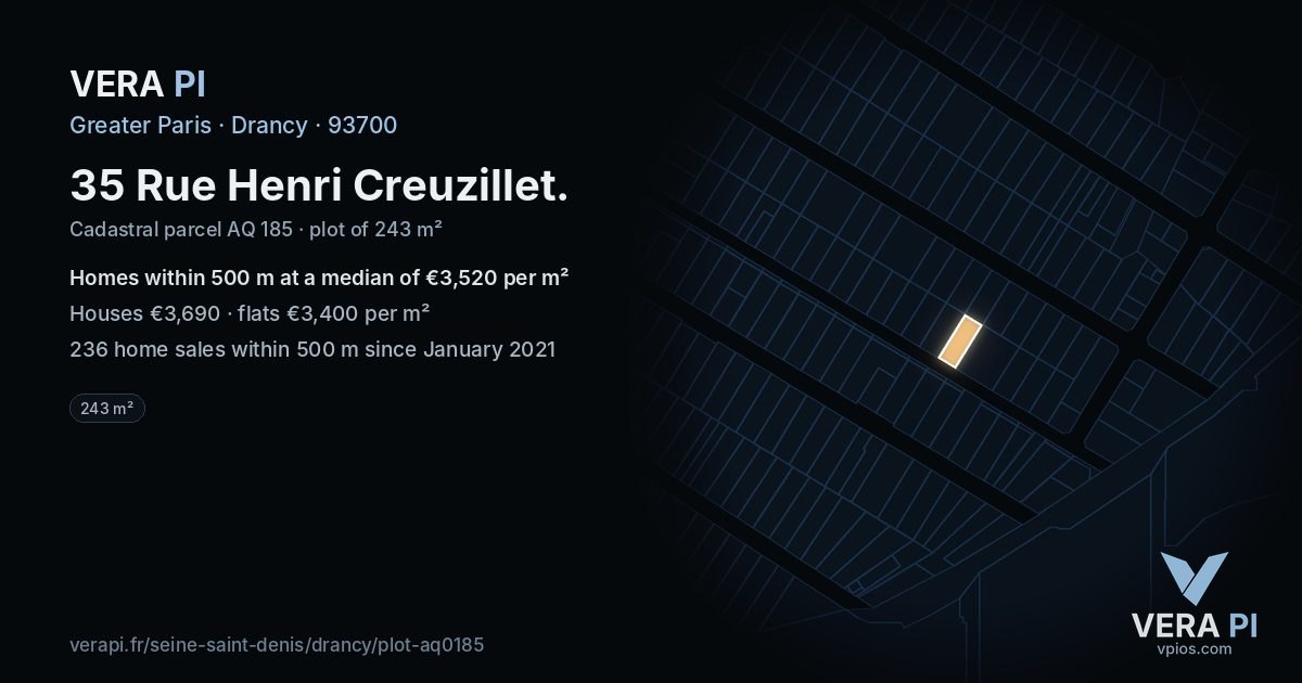 35 Rue Henri Creuzillet, Drancy at night – the plot lit, the parcels around coloured by the prices near them