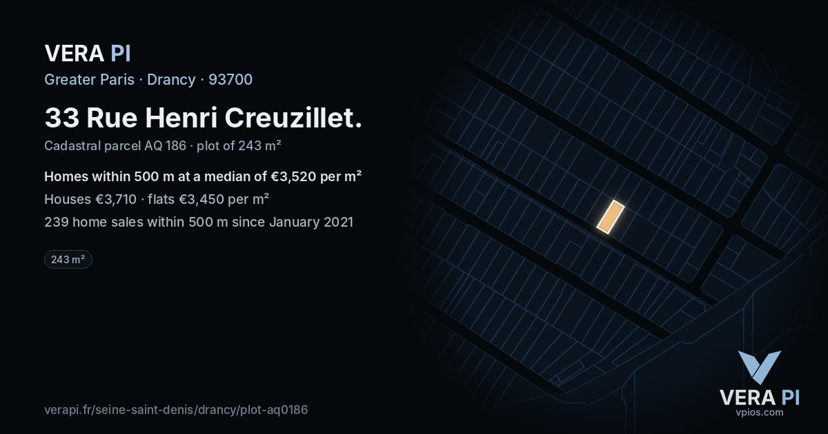 33 Rue Henri Creuzillet, Drancy at night – the plot lit, the parcels around coloured by the prices near them