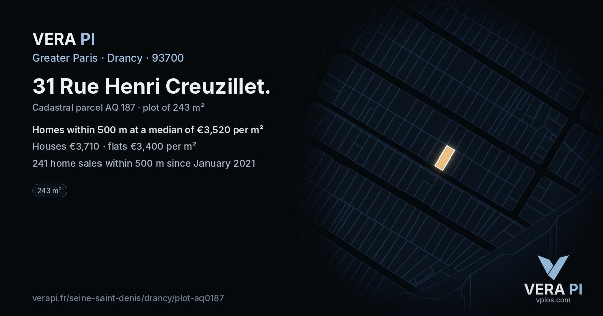 31 Rue Henri Creuzillet, Drancy at night – the plot lit, the parcels around coloured by the prices near them