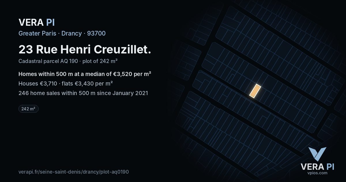 23 Rue Henri Creuzillet, Drancy at night – the plot lit, the parcels around coloured by the prices near them