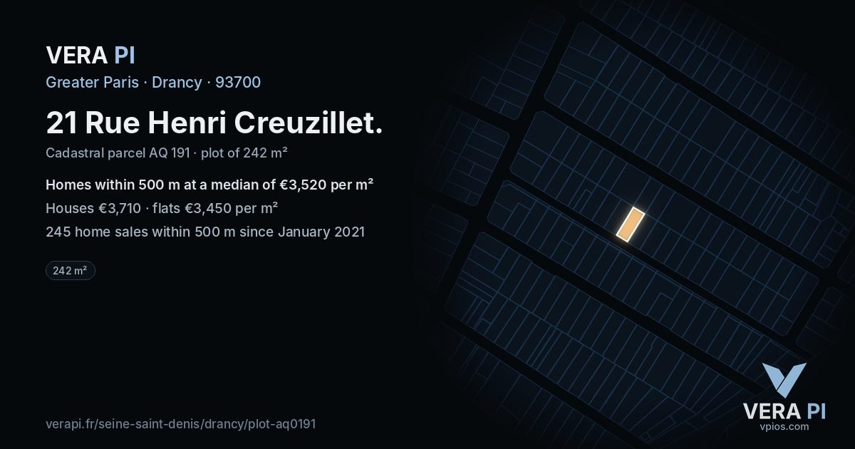 21 Rue Henri Creuzillet, Drancy at night – the plot lit, the parcels around coloured by the prices near them