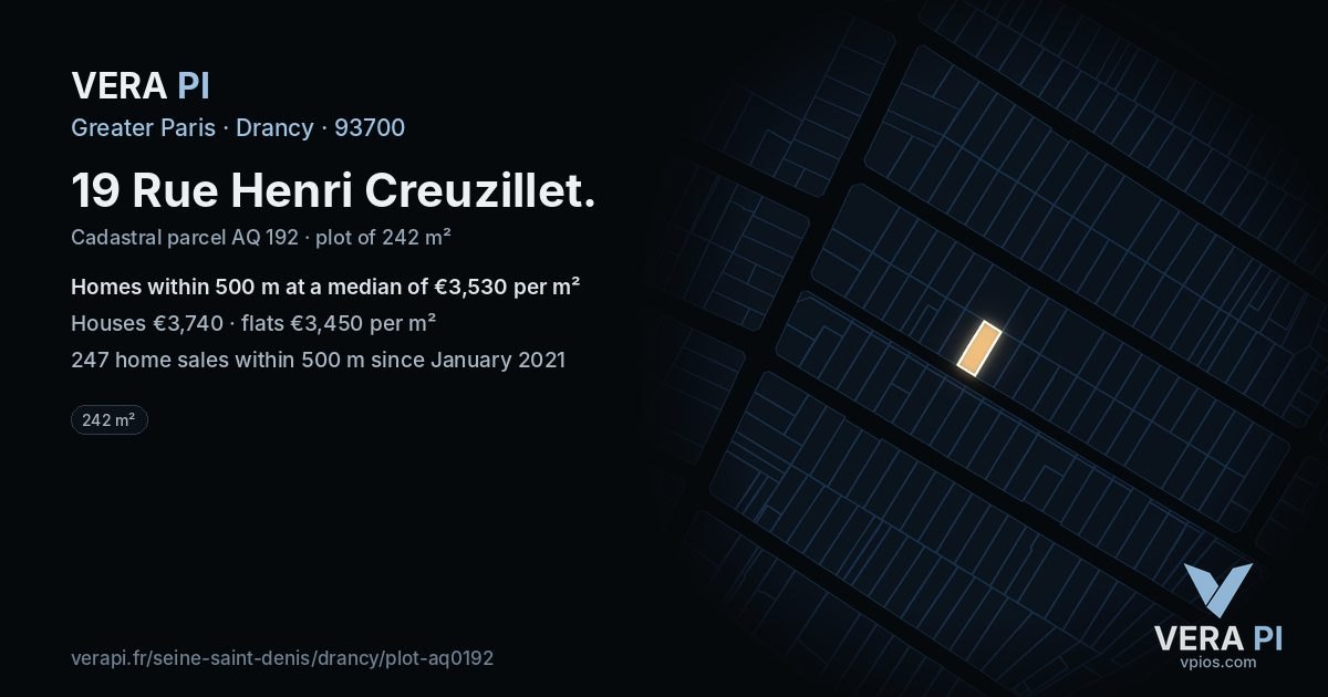19 Rue Henri Creuzillet, Drancy at night – the plot lit, the parcels around coloured by the prices near them