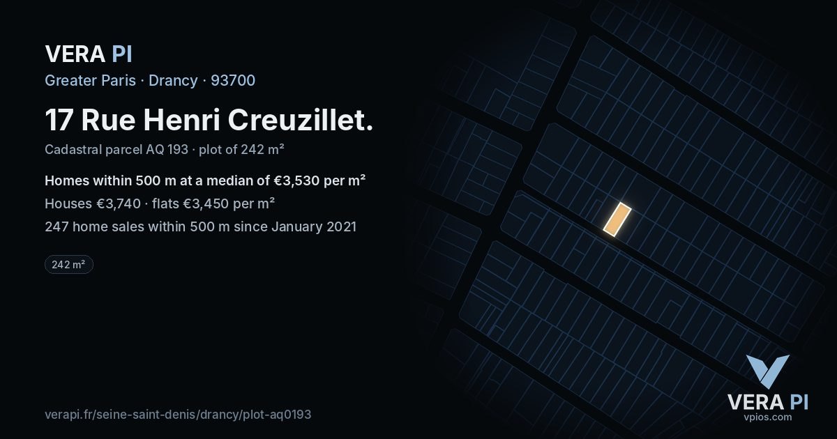 17 Rue Henri Creuzillet, Drancy at night – the plot lit, the parcels around coloured by the prices near them