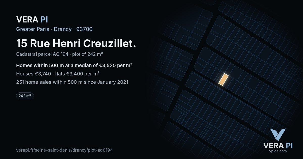 15 Rue Henri Creuzillet, Drancy at night – the plot lit, the parcels around coloured by the prices near them