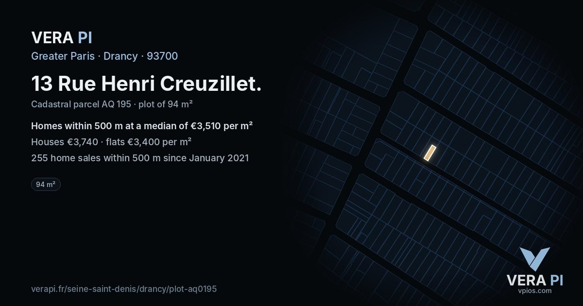 13 Rue Henri Creuzillet, Drancy at night – the plot lit, the parcels around coloured by the prices near them