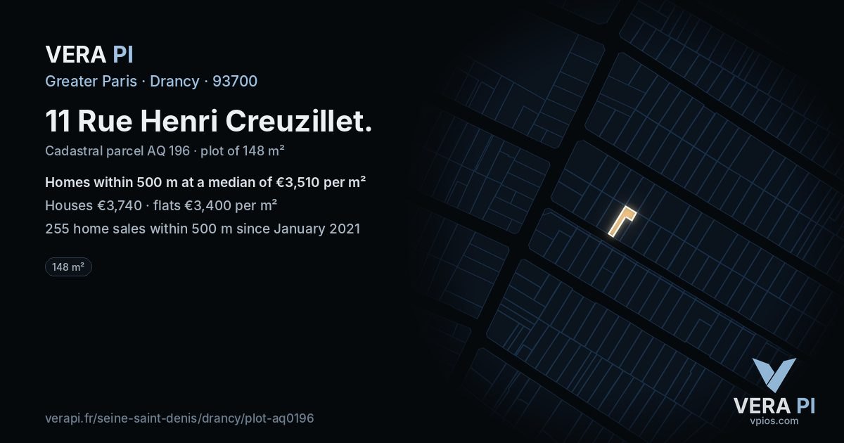 11 Rue Henri Creuzillet, Drancy at night – the plot lit, the parcels around coloured by the prices near them