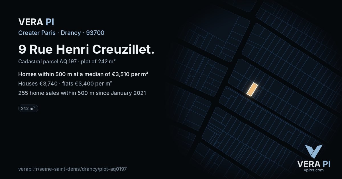 9 Rue Henri Creuzillet, Drancy at night – the plot lit, the parcels around coloured by the prices near them