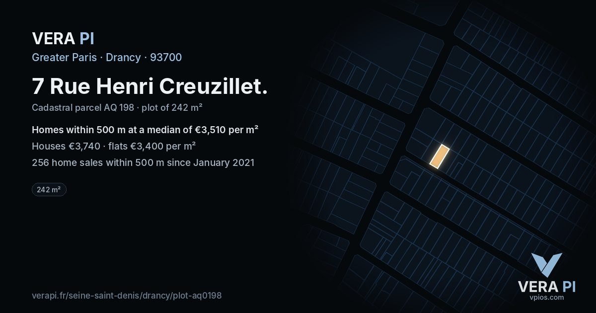 7 Rue Henri Creuzillet, Drancy at night – the plot lit, the parcels around coloured by the prices near them