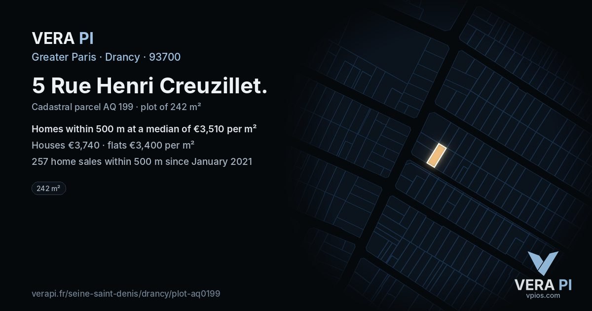 5 Rue Henri Creuzillet, Drancy at night – the plot lit, the parcels around coloured by the prices near them