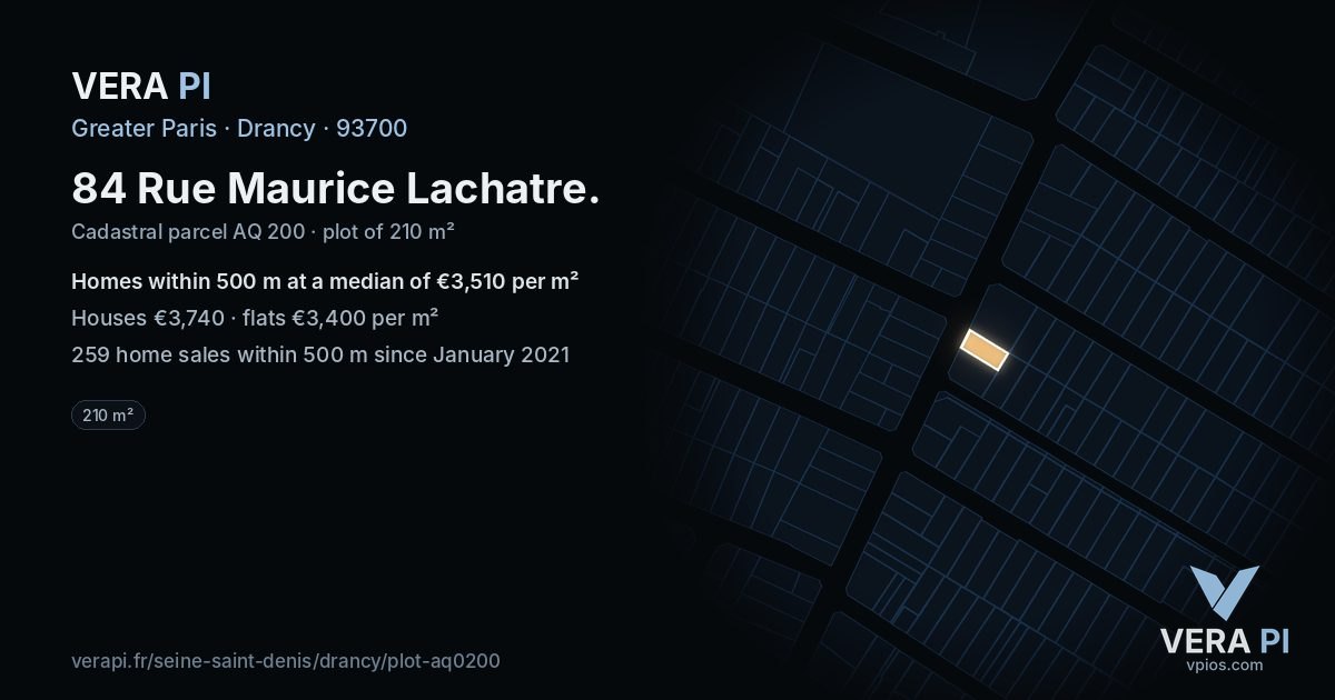 84 Rue Maurice Lachatre, Drancy at night – the plot lit, the parcels around coloured by the prices near them