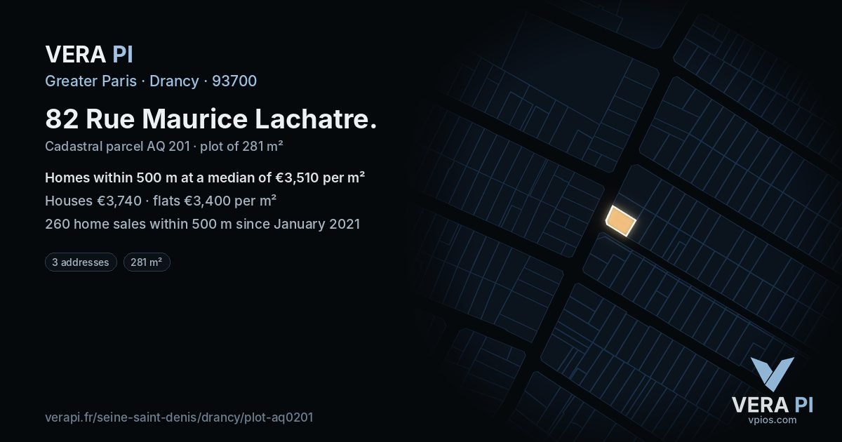 82 Rue Maurice Lachatre, Drancy at night – the plot lit, the parcels around coloured by the prices near them