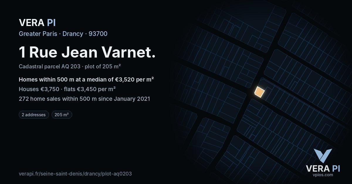 1 Rue Jean Varnet, Drancy at night – the plot lit, the parcels around coloured by the prices near them
