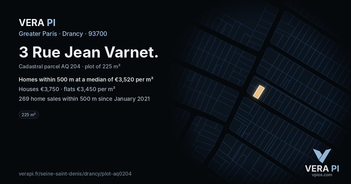 3 Rue Jean Varnet, Drancy at night – the plot lit, the parcels around coloured by the prices near them