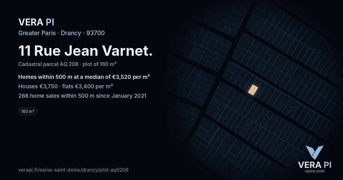 11 Rue Jean Varnet, Drancy at night – the plot lit, the parcels around coloured by the prices near them