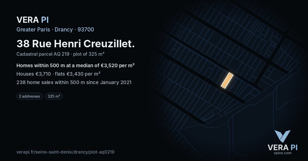 38 Rue Henri Creuzillet, Drancy at night – the plot lit, the parcels around coloured by the prices near them