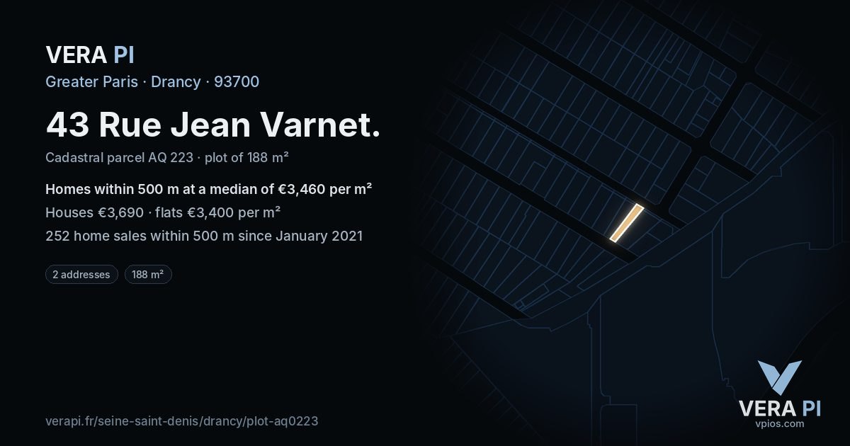 43 Rue Jean Varnet, Drancy at night – the plot lit, the parcels around coloured by the prices near them
