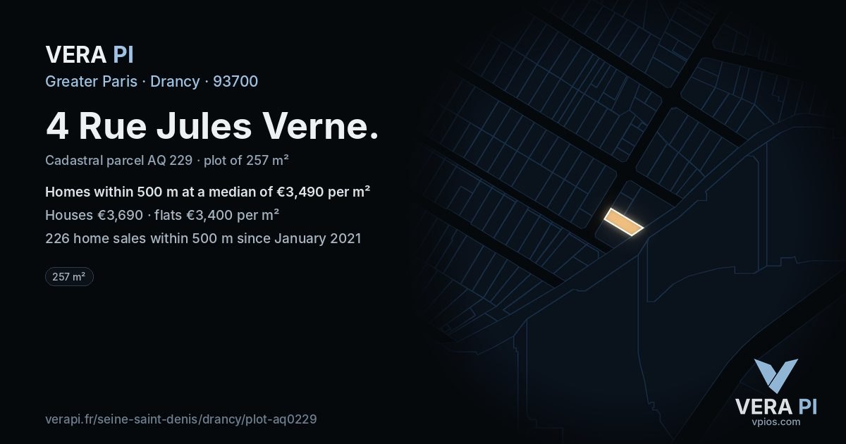 4 Rue Jules Verne, Drancy at night – the plot lit, the parcels around coloured by the prices near them