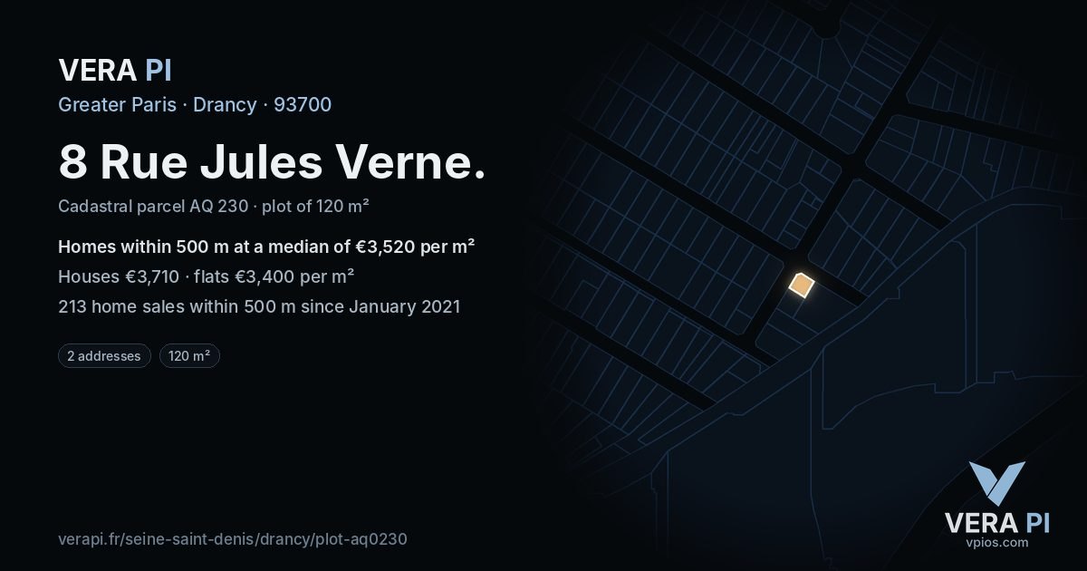 8 Rue Jules Verne, Drancy at night – the plot lit, the parcels around coloured by the prices near them