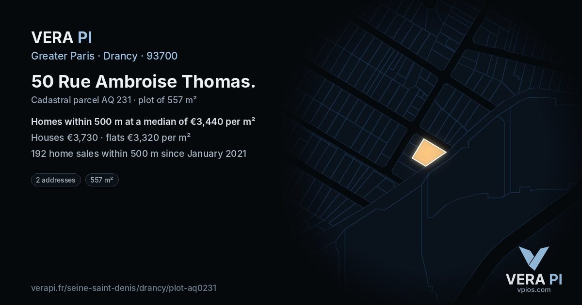 50 Rue Ambroise Thomas, Drancy at night – the plot lit, the parcels around coloured by the prices near them