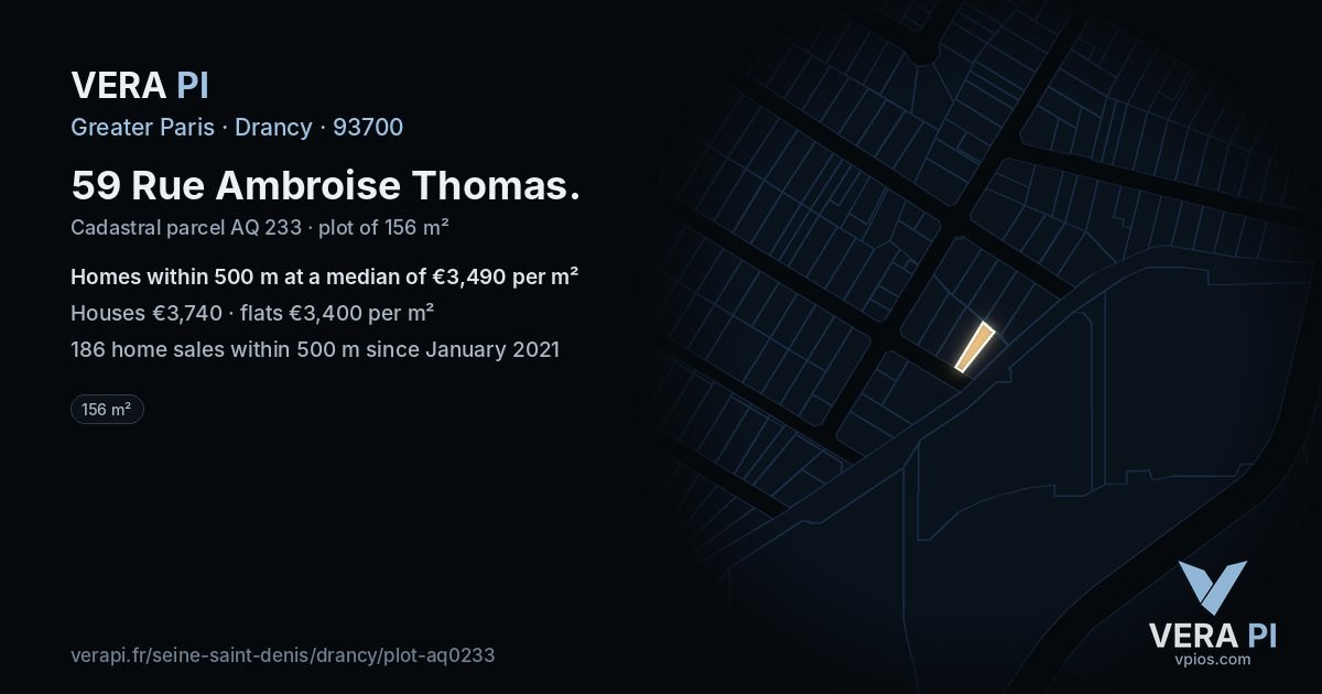 59 Rue Ambroise Thomas, Drancy at night – the plot lit, the parcels around coloured by the prices near them
