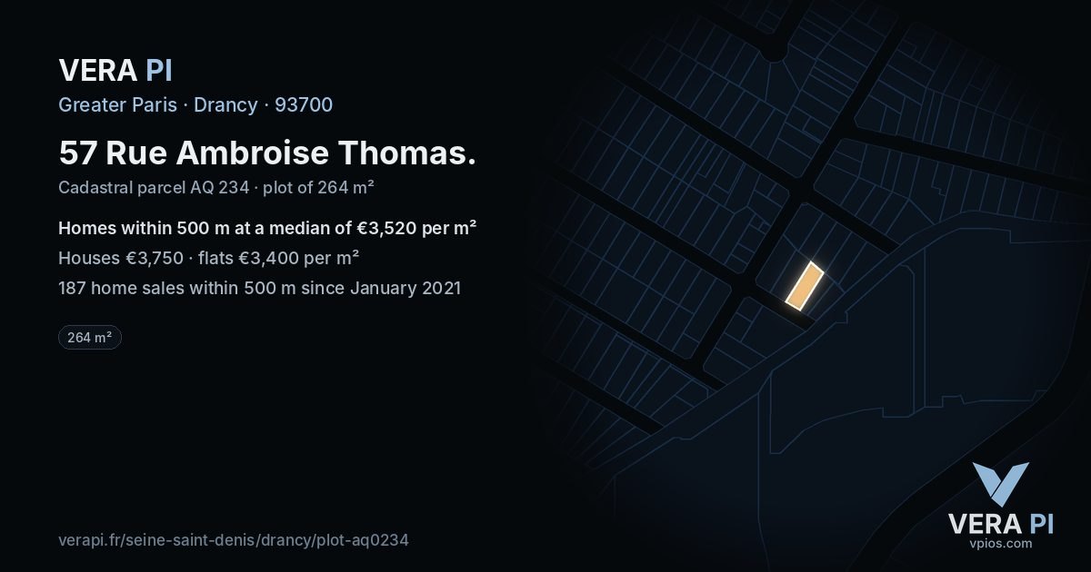 57 Rue Ambroise Thomas, Drancy at night – the plot lit, the parcels around coloured by the prices near them
