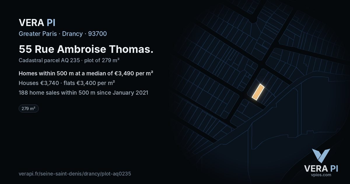 55 Rue Ambroise Thomas, Drancy at night – the plot lit, the parcels around coloured by the prices near them