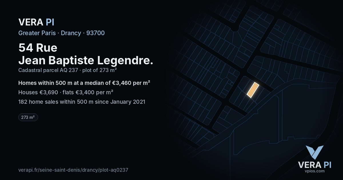 54 Rue Jean Baptiste Legendre, Drancy at night – the plot lit, the parcels around coloured by the prices near them