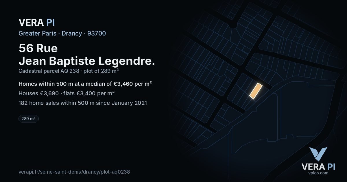 56 Rue Jean Baptiste Legendre, Drancy at night – the plot lit, the parcels around coloured by the prices near them