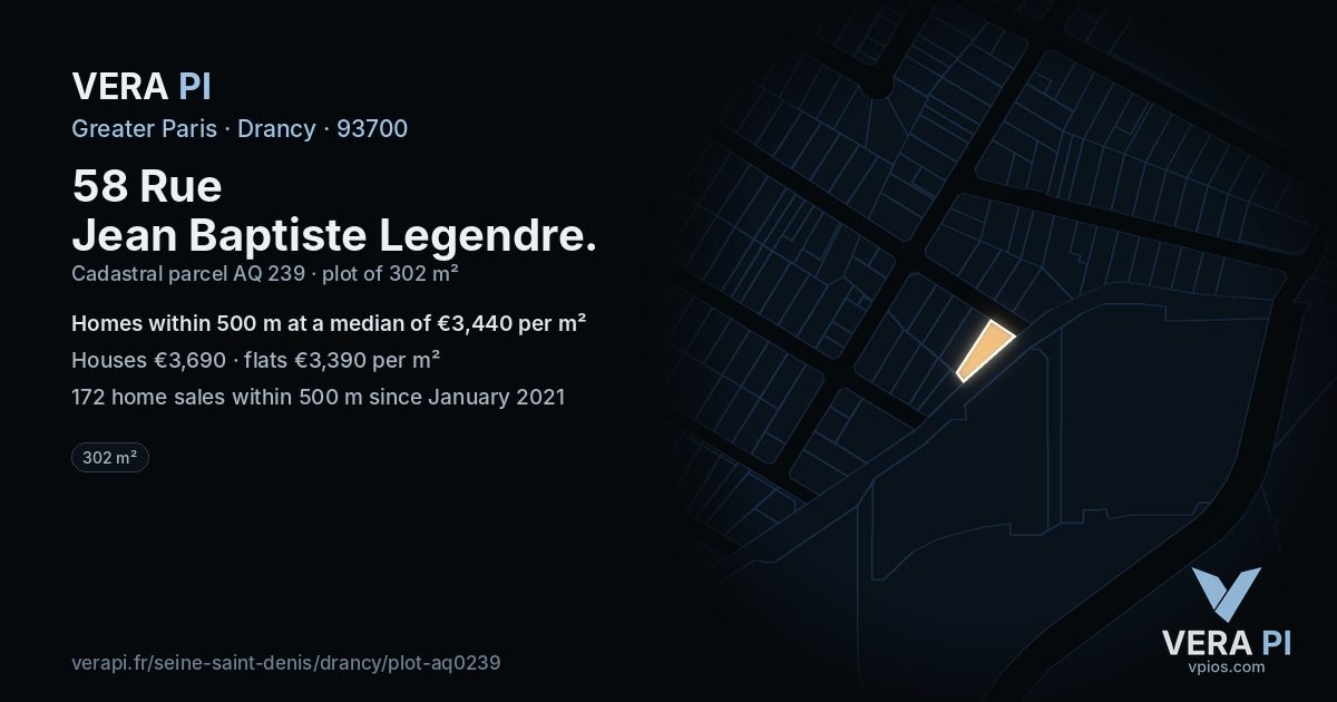 58 Rue Jean Baptiste Legendre, Drancy at night – the plot lit, the parcels around coloured by the prices near them