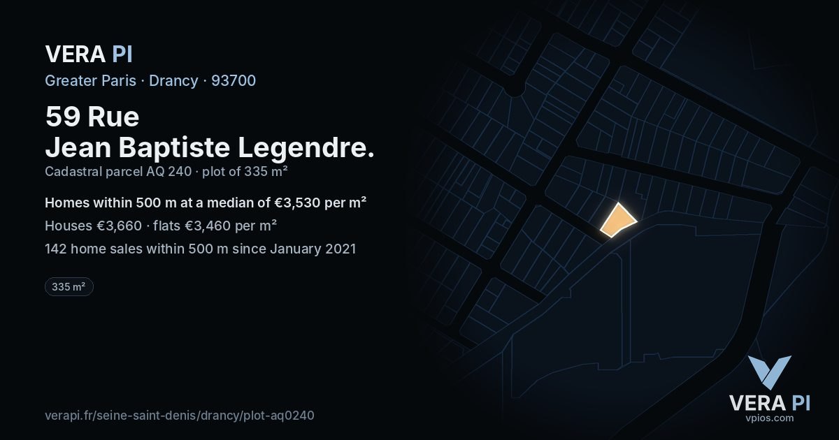 59 Rue Jean Baptiste Legendre, Drancy at night – the plot lit, the parcels around coloured by the prices near them