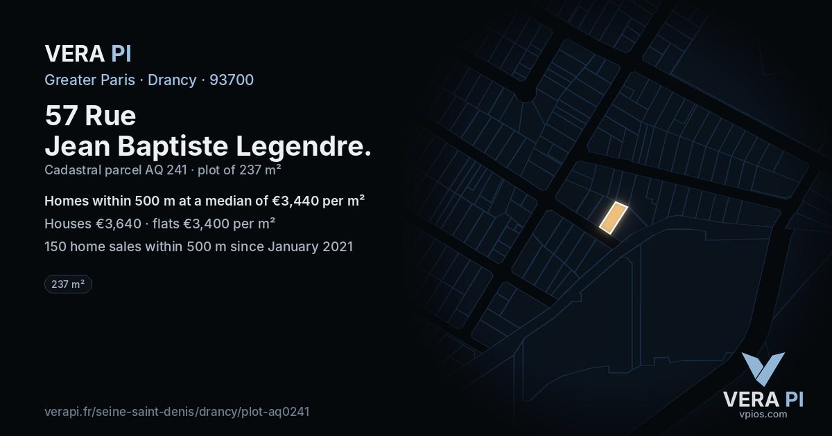 57 Rue Jean Baptiste Legendre, Drancy at night – the plot lit, the parcels around coloured by the prices near them
