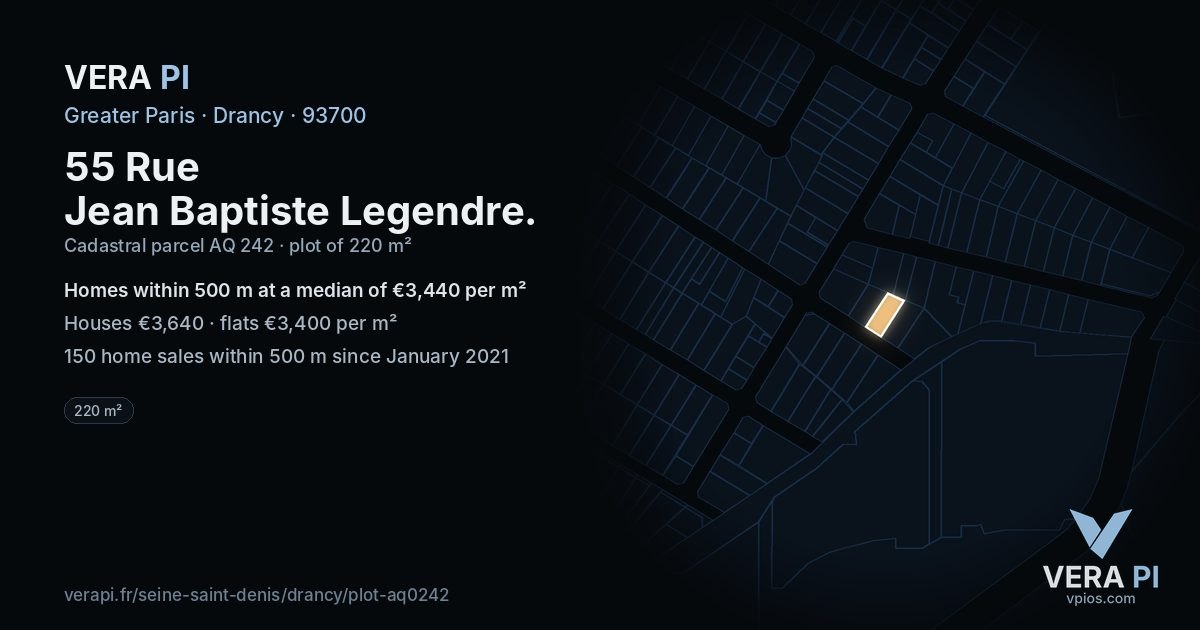 55 Rue Jean Baptiste Legendre, Drancy at night – the plot lit, the parcels around coloured by the prices near them