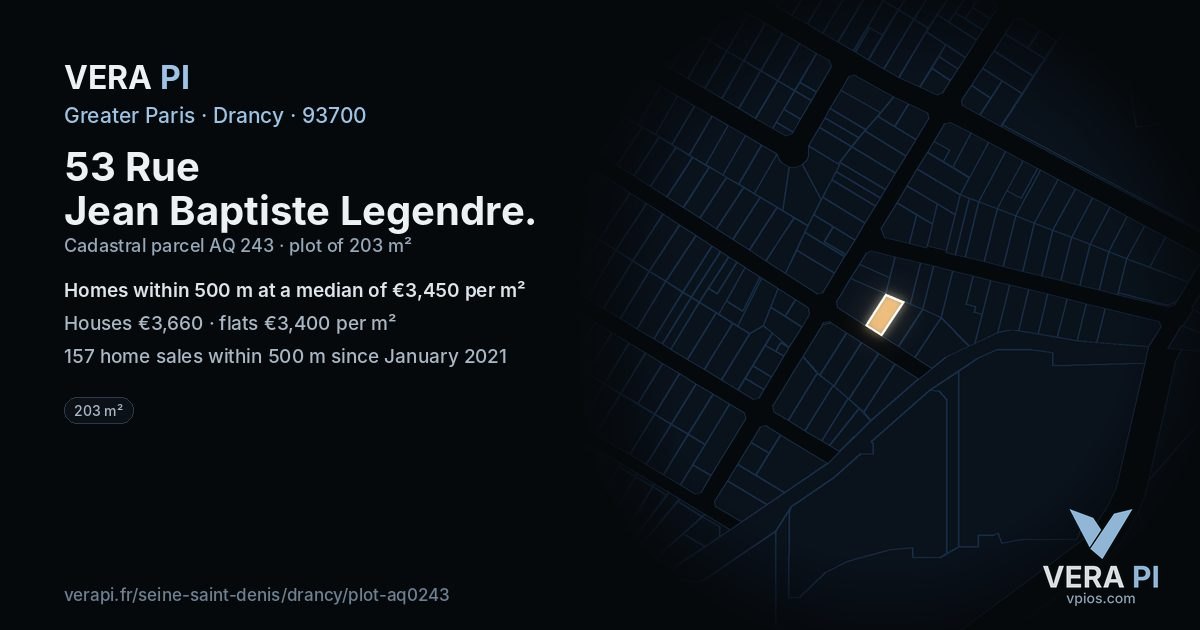 53 Rue Jean Baptiste Legendre, Drancy at night – the plot lit, the parcels around coloured by the prices near them