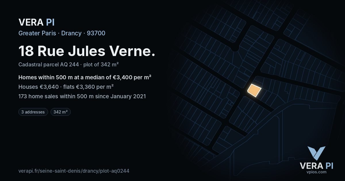 18 Rue Jules Verne, Drancy at night – the plot lit, the parcels around coloured by the prices near them