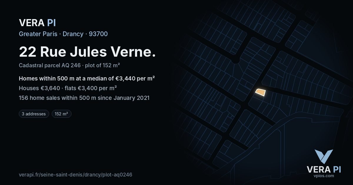 22 Rue Jules Verne, Drancy at night – the plot lit, the parcels around coloured by the prices near them